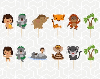 May include: A set of 10 jungle-themed cupcake toppers featuring a boy, a tiger, an elephant, a monkey, a snake, a panther, a bear, and palm trees. The toppers are printed on cardstock and are perfect for a jungle-themed party.