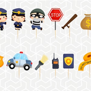 Puede incluir: Un conjunto de 10 adornos para tartas con temática policial. Los adornos incluyen un policía, una policía, un ladrón, una señal de stop, un coche de policía, una linterna, una radio de policía, una placa de policía, una bolsa de dinero y una cinta de policía amarilla y naranja que dice "No Entrar Policía".