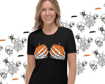 Funny Halloween Shirt: Skeleton Hands Pumpkin Bra - Women's Party Tee