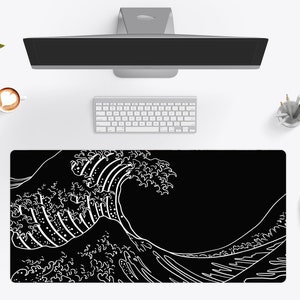 Black Wave Aesthetic Gaming Desk Mat, Japanese Desk Pad, Black Mouse Pad, Office Accessory, 10x16 12x18 14x24 18x36