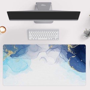 Blue Gold Alcohol Ink Desk Mat, Large Mouse Pad, Modern Desk Pad, Cute Mouse Pad, 10x16 12x18 14x24 18x36, Desk Accessory - Wallet&Heart
