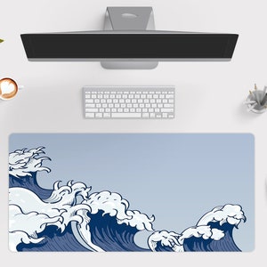 Japanese Waves Desk Mat, Large Gaming Mouse Pad, Anime Desk Pad 10x16 12x18 14x24 18x36, Blue - Wallet2Heart