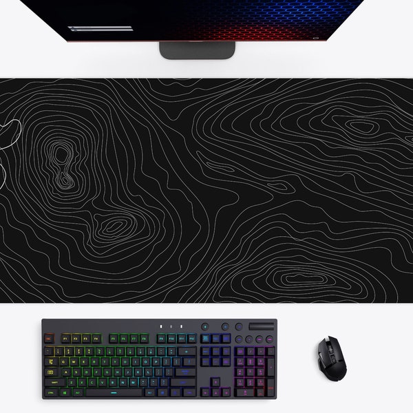 Alfombrilla de escritorio para juegos con diseño topográfico negro, alfombrilla grande para ratón/decoración para PC gamer, regalo de cumpleaños gamer para él, alfombrilla de escritorio