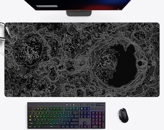 Moon Topographic Map Desk Mat, Large Gaming Mousepad, Black Desk Pad 10x16 12x18 14x24 18x36 - Wallet&Heart