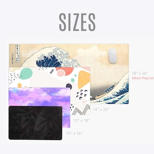 May include: A collection of rectangular mouse pads in various sizes, including 18" x 36" (Most Popular), 14" x 24", 12" x 18", and 10" x 16". The mouse pads feature diverse designs, such as a wave art print, abstract shapes, and a geometric pattern.