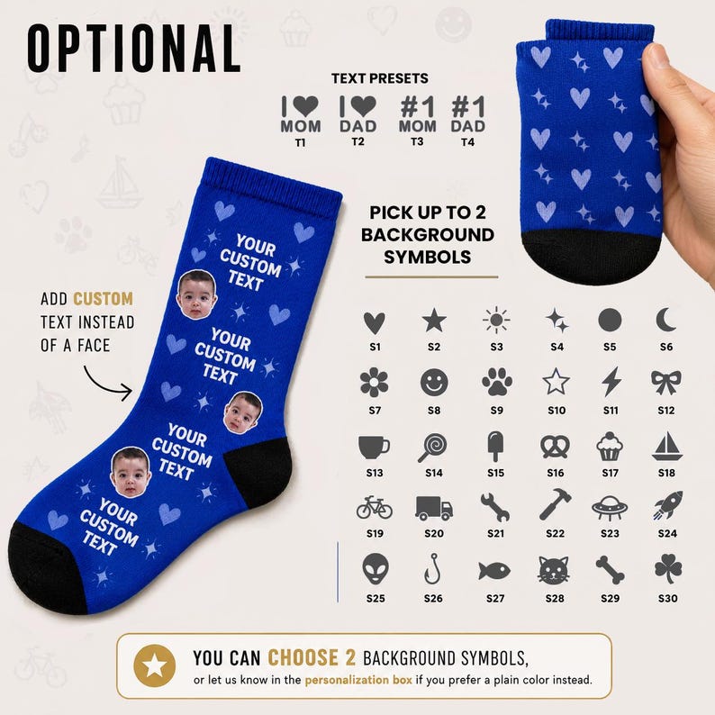 May include: Blue custom socks with a black heel and toe, featuring hearts, stars, and customizable text with a baby's face. The image also shows various background symbols to choose from, including a heart, star, and flower.