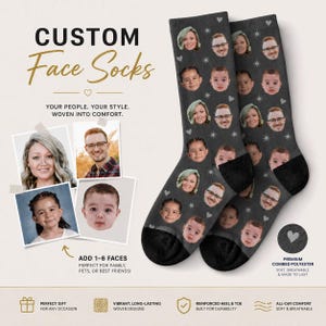 May include: Dark grey custom face socks, patterned with multiple faces and small white hearts. The socks have black heels and toes. Text on the image reads "Custom Face Socks" and "Add 1-6 Faces". Made from premium combed polyester.