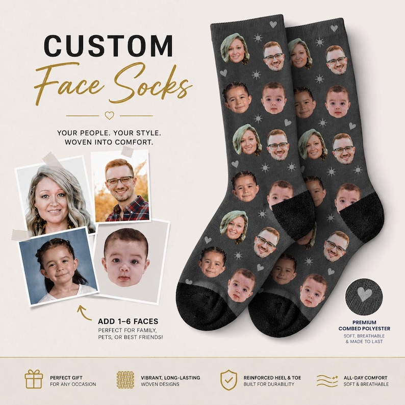 May include: Custom face socks in dark gray, featuring multiple faces and small white hearts. The socks have black heels and toes. Text on the image reads "Custom Face Socks" and "Add 1-6 Faces". The socks are made of premium combed polyester.