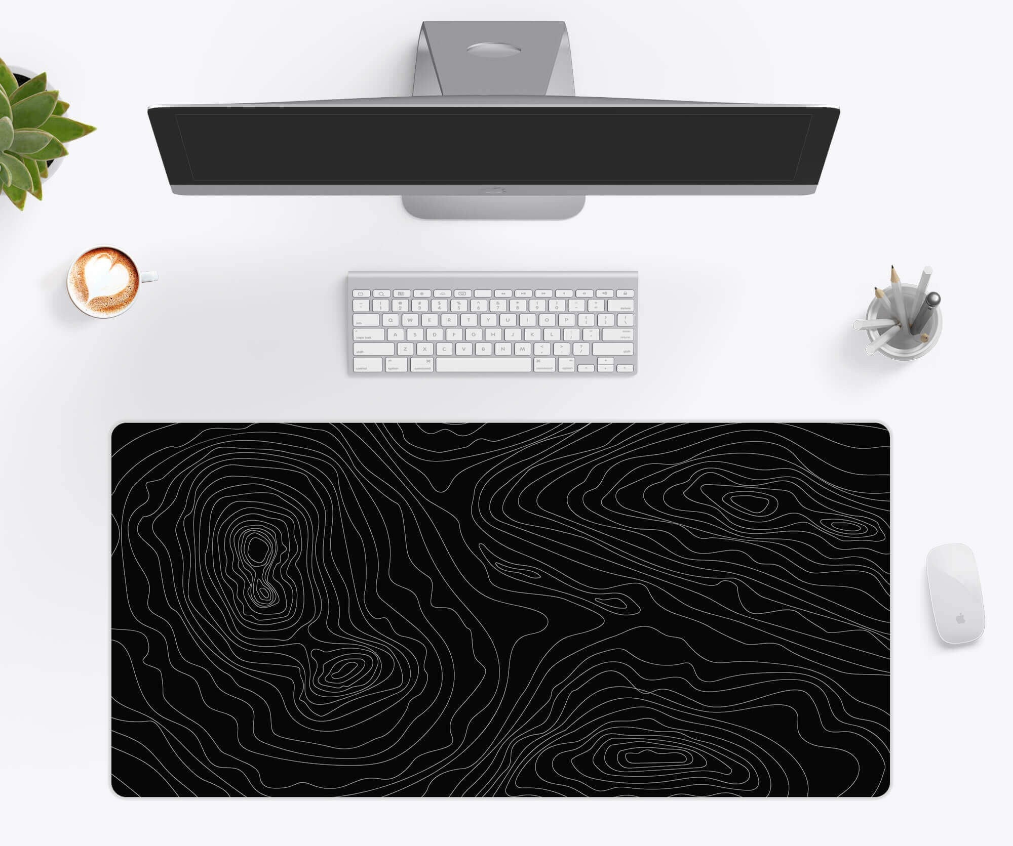 Black Topographic Desk Mat, Large Gaming Mousepad, Black Desk Pad