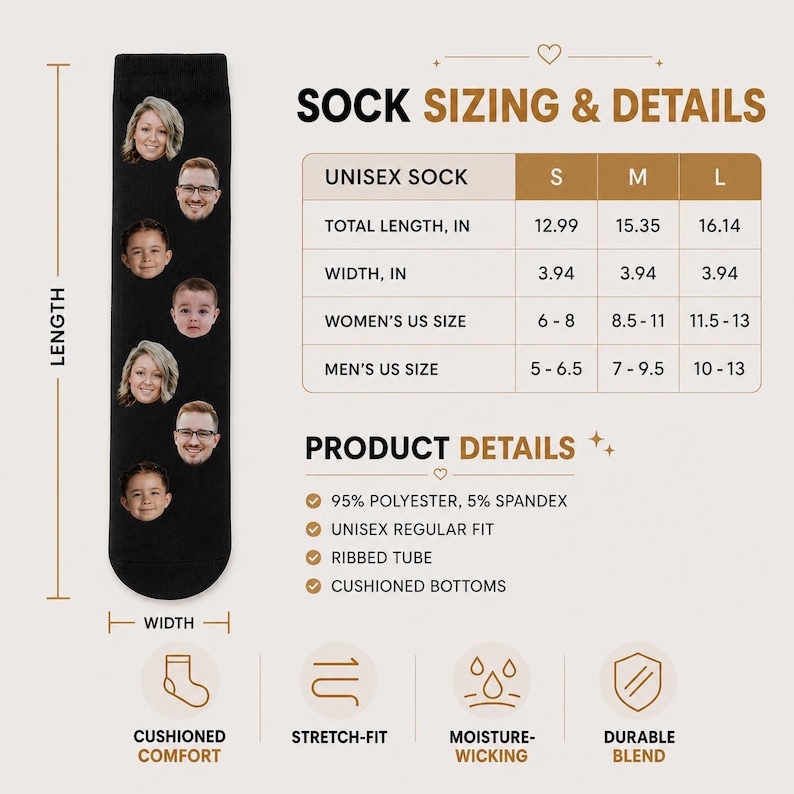 May include: Black unisex sock with custom faces. The sock sizing chart shows total lengths of 12.99, 15.35, and 16.14 inches. Features include cushioned comfort, stretch-fit, moisture-wicking, and a durable blend. The sock is made of 95% polyester and 5% spandex.