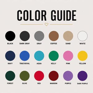 May include: A color guide with a cream background and the text "COLOR GUIDE" in black. Sixteen color swatches are displayed, each labeled with a color name, including black, gray, coffee, navy, aqua, and red.