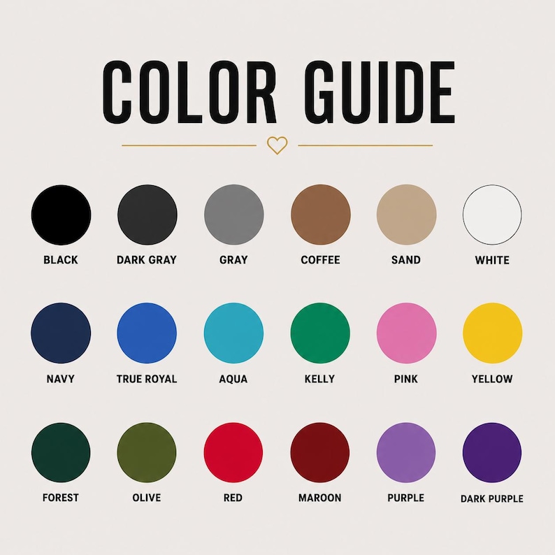 May include: A color guide with a cream background and the text "COLOR GUIDE" in black. Sixteen color swatches are displayed, each labeled with a color name, including black, gray, coffee, navy, aqua, and red.