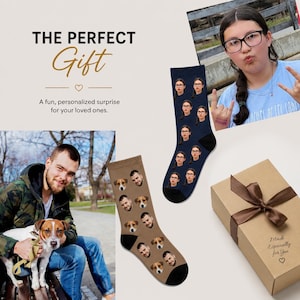 May include: Two pairs of personalized socks, one navy blue with multiple faces and another tan with dog faces. The image includes a gift box with a brown ribbon and the text "Made Especially for You". The text "THE PERFECT Gift" is also visible.