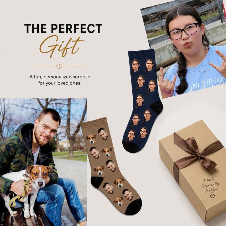 May include: Two pairs of personalized socks, one navy blue with multiple faces and another tan with dog faces. The image includes a gift box with a brown ribbon and the text "Made Especially for You". The text "THE PERFECT Gift" is also visible.