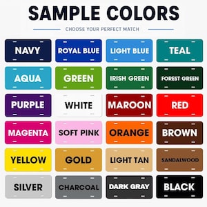 以下が含まれることがあります： 「SAMPLE COLORS」と「CHOOSE YOUR PERFECT MATCH」の文字が入ったカラーチャート。ネイビー、ロイヤルブルー、ライトブルー、ティール、アクア、グリーンなど、さまざまな色合いの長方形のカラーサンプルが表示されています。各サンプルには色の名前がついています。