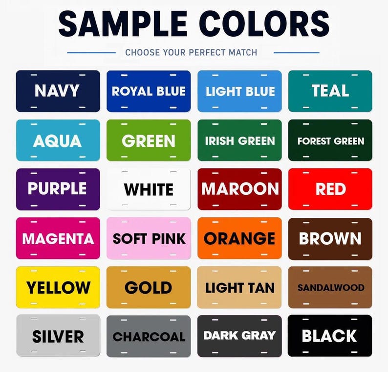 以下が含まれることがあります： 「SAMPLE COLORS」と「CHOOSE YOUR PERFECT MATCH」の文字が入ったカラーチャート。ネイビー、ロイヤルブルー、ライトブルー、ティール、アクア、グリーンなど、さまざまな色合いの長方形のカラーサンプルが表示されています。各サンプルには色の名前がついています。