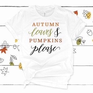 Camiseta feminina com folhas de outono e abóboras | Camiseta de outono | Camiseta fofa de Ação de Graças para mulheres | Wallet&Heart