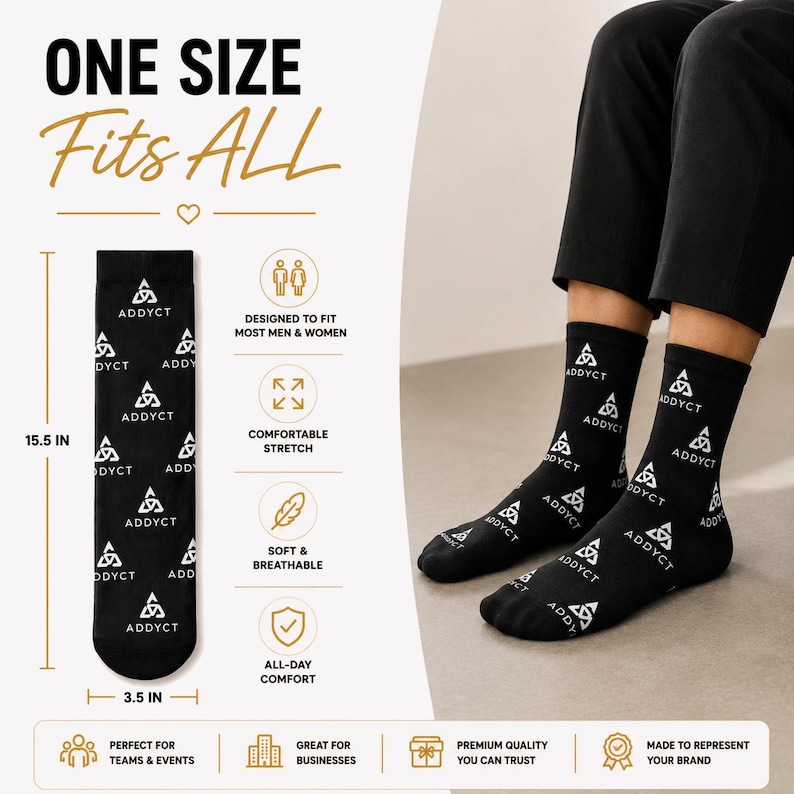 May include: Black socks with the text "ADDYCT" and a triangle logo. The socks are 15.5 inches long and 3.5 inches wide. The text "ONE SIZE FITS ALL" is at the top. The socks are designed to fit most people and are soft and breathable.