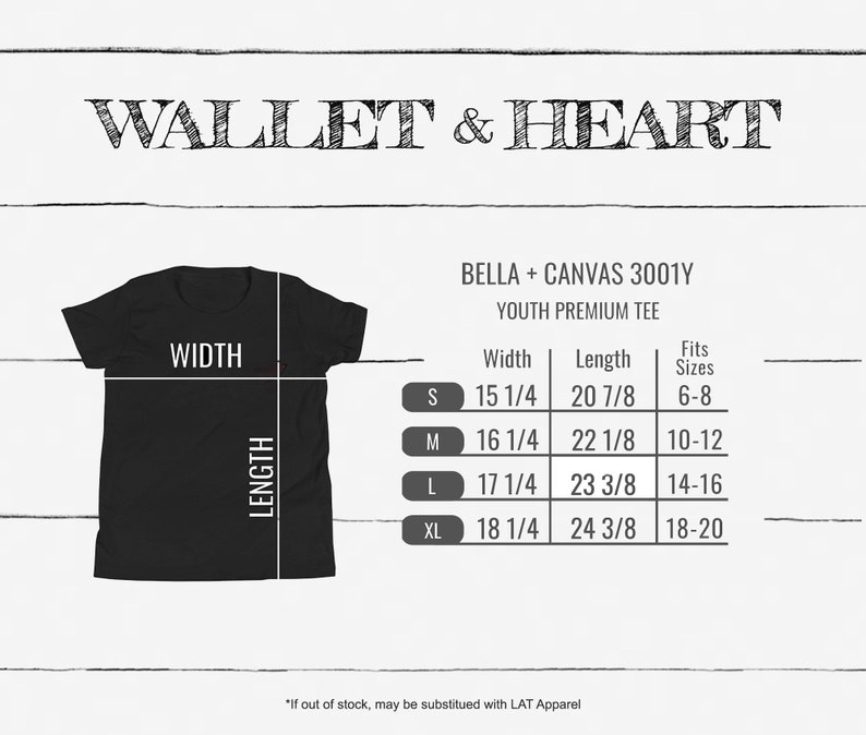K&ouml;nnte beinhalten: Schwarzes T-Shirt f&uuml;r Jugendliche mit dem Text "WALLET & HEART" oben und einer Gr&ouml;&szlig;entabelle mit den Ma&szlig;en f&uuml;r Breite und L&auml;nge in Zoll. Die Tabelle umfasst die Gr&ouml;&szlig;en S, M, L und XL mit entsprechenden Passformen f&uuml;r die Altersgruppen 6-8, 10-12, 14-16 und 18-20.