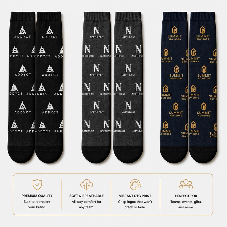 May include: Three pairs of crew socks with different designs. One pair is black with a white logo, another is gray with a white "N" pattern, and the last is navy blue with a gold logo. The socks are displayed on a white background.