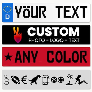 May include: A collection of rectangular signs with various designs. The top sign is white with black text that reads "YOUR TEXT" and a blue and yellow emblem. The second sign is black with white text that reads "CUSTOM PHOTO - LOGO - TEXT". The third sign is red with black text that reads "ANY COLOR".