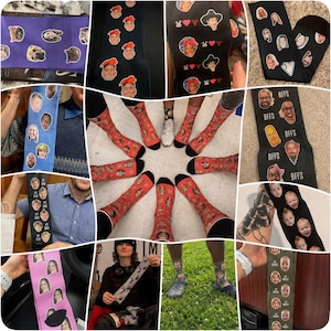 May include: A collage of personalized socks and accessories featuring custom photo prints. The items include socks with faces, socks with the text "BFFS", and accessories with faces. The items are in various colors, including black, red, and purple.