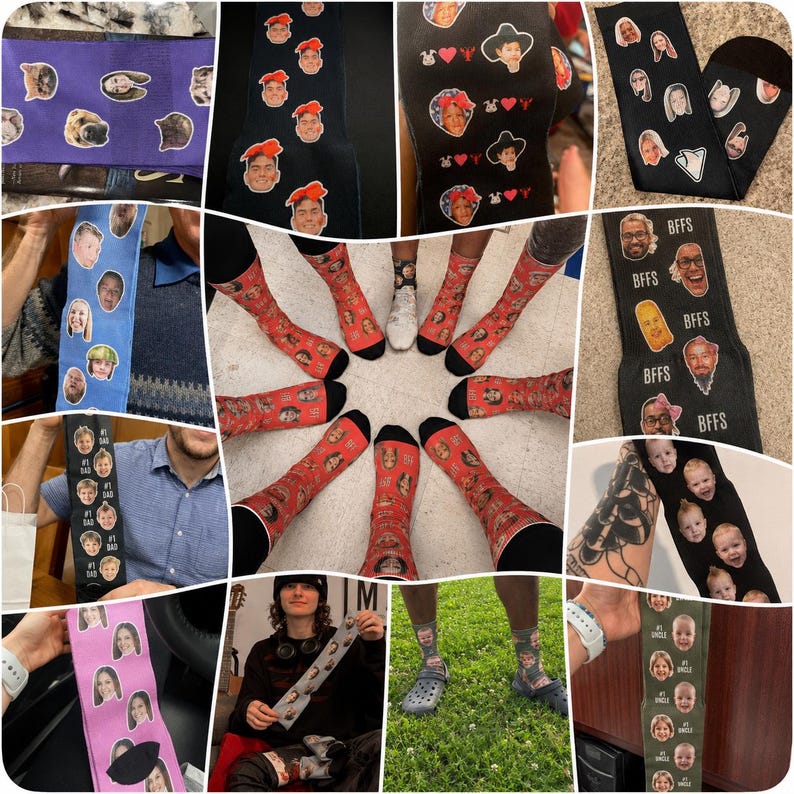 May include: A collage of personalized socks and accessories featuring custom photo prints. The items include socks with faces, socks with the text "BFFS", and accessories with faces. The items are in various colors, including black, red, and purple.