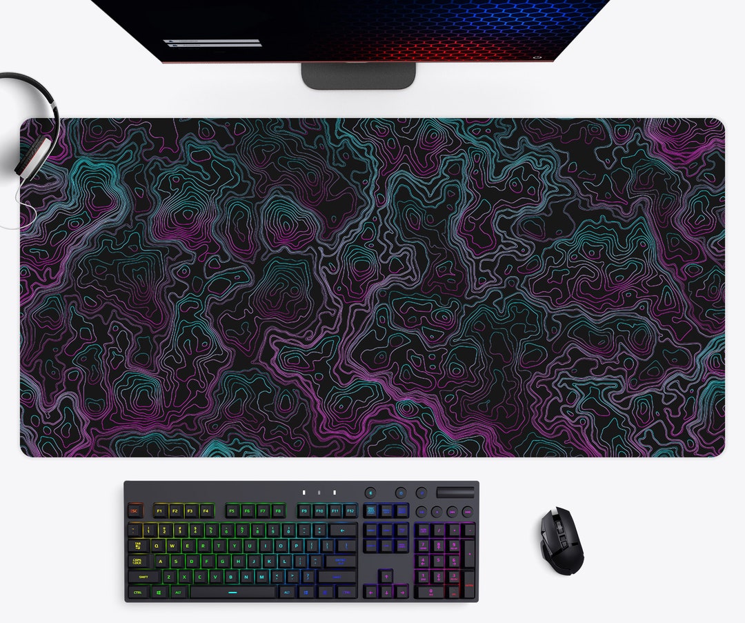 Retrowave Topographic Desk Mat, Desk Pad, Large Gaming Mouse Pad, Desk Accessories Wallet&heart