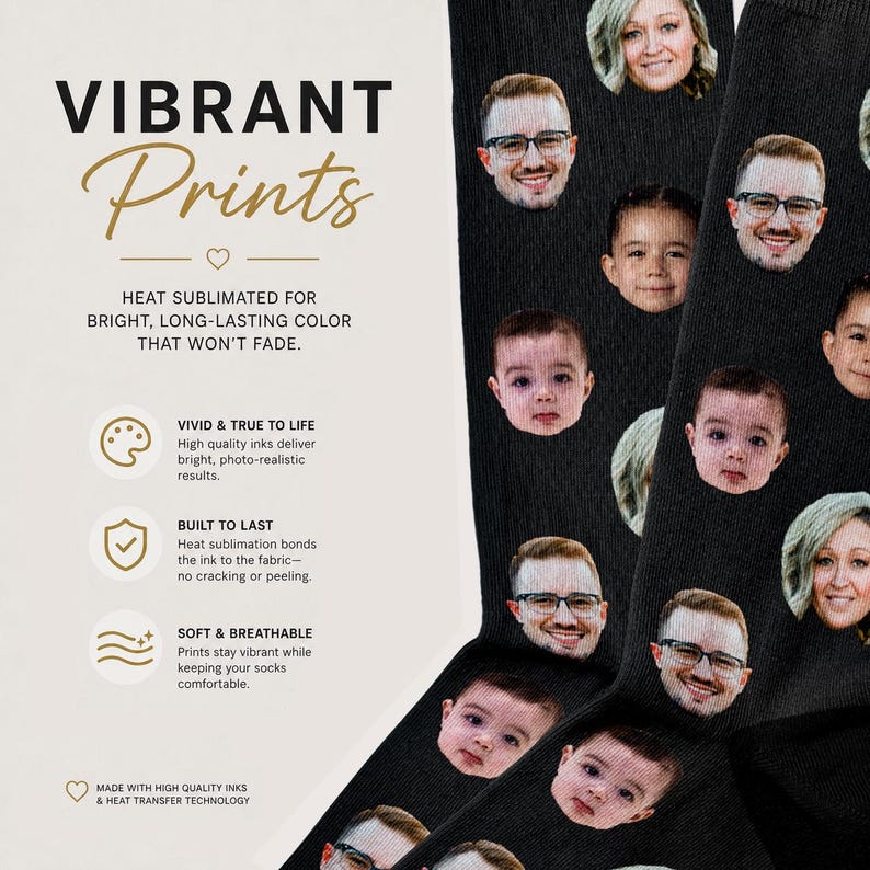 May include: Black socks with custom faces printed on them. The socks feature a repeating pattern of various faces. The text "VIBRANT Prints" is displayed in gold, along with other text describing the product's features.