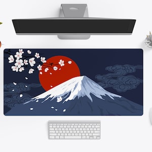 Mt Fuji-bureaumat, Japanse bureauonderlegger, grote gaming-muismat, extra grote kersenbloesemonderlegger, anime-bureauonderlegger | Portemonnee en hart