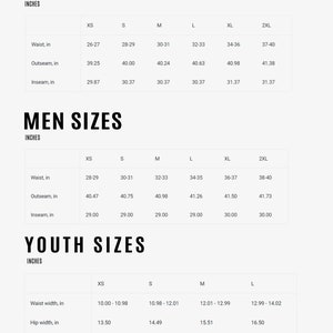 May include: A chart showing size conversions for women, men, and youth clothing in inches. The chart includes waist, outseam, inseam, waist width, hip width, and outseam length measurements.