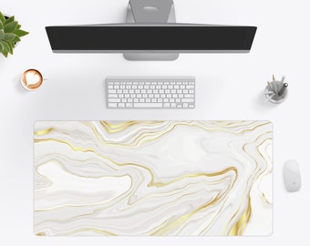 White Gold Marble Desk Mat, Desk Pad, Large Mousepad, White Mousepad 10x16 12x18 14x24 18x36 - Wallet&Heart