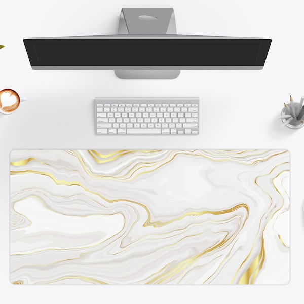 White Gold Marble Desk Mat, Desk Pad, Large Mousepad, White Mousepad 10x16 12x18 14x24 18x36 - Wallet&Heart
