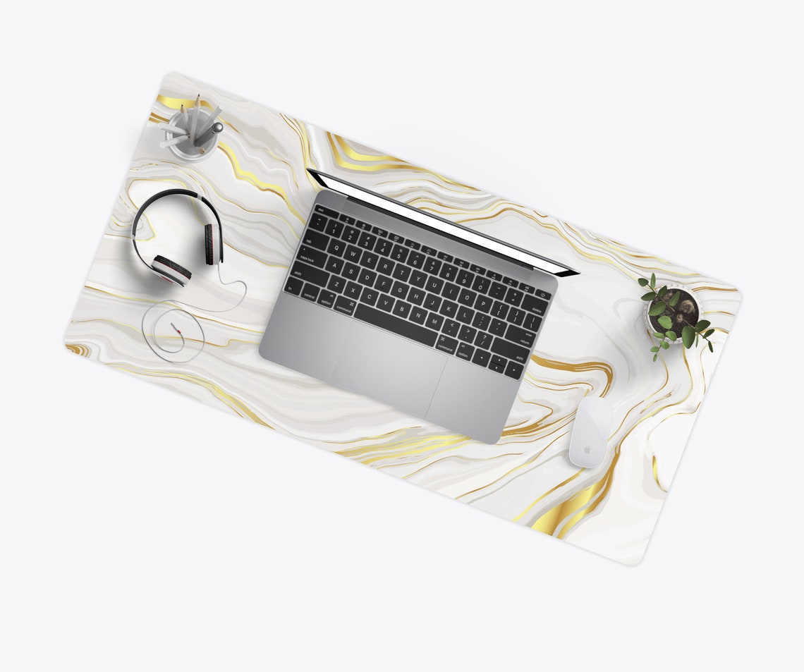 White Gold Marble Desk Mat Desk Pad Large Mousepad White Etsy