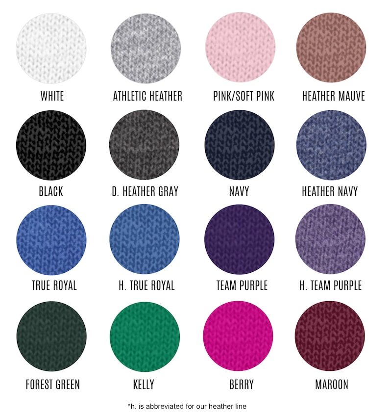 K&ouml;nnte beinhalten: Farbkarte mit 16 verschiedenen Strickstoff-Farben. Die Farben sind: Wei&szlig;, Athletik-Melange, Rosa/Zartes Rosa, Melange-Lila, Schwarz, D. Melange-Grau, Marineblau, Melange-Marineblau, K&ouml;nigsblau, H. K&ouml;nigsblau, Team-Lila, H. Team-Lila, Waldgr&uuml;n, Kelly, Beere und Weinrot.