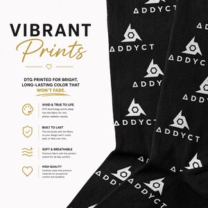 May include: Black socks with white geometric patterns and the text "ADDYCT" repeated. The image also includes text about vibrant prints, long-lasting color, and soft, breathable fabric.