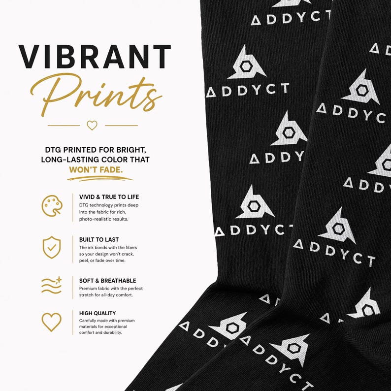 May include: Black socks with white geometric patterns and the text "ADDYCT" repeated. The image also includes text about vibrant prints, long-lasting color, and soft, breathable fabric.