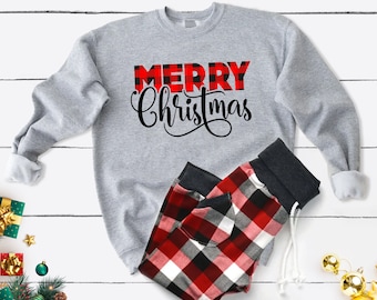 Moletom feminino de Natal: Conjunto festivo xadrez búfalo