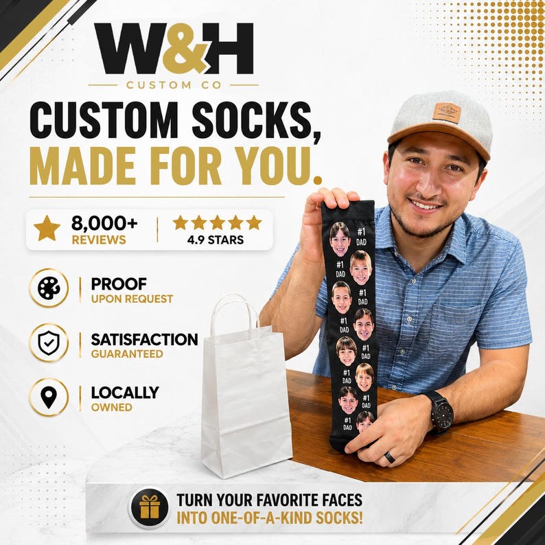 May include: Black custom socks with multiple faces and the text "#1 Dad". The socks are held by a person. The image also includes the text "Custom Socks, Made For You."