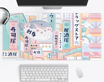 Cute Japanese Street Desk Mat, Pastel Tokyo Street Mousepad Kawaii, Extra Large Gaming Mouse Pad, XXL Anime Aesthetics Desk pad