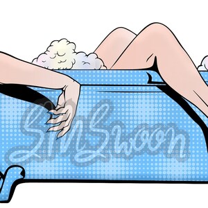 May include: A woman relaxes in a blue bathtub filled with bubbles. She is lying back with her legs extended over the side of the tub. The bathtub has a white and blue polka dot pattern.