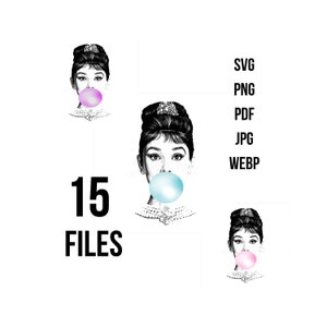 Download digitale stampabile di Audrey Hepburn Bubblegum (rosa, viola e blu) — Pacchetto di 15 file (pdf, jpeg/jpg, png, svg, webp, pdf)