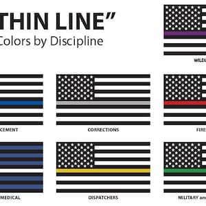 Może przedstawiać: Grafika przedstawiająca różne cienkie linie w kolorach na czarno-białej fladze amerykańskiej. Tekst "THIN LINE" i "Colors by Discipline" znajduje się u góry grafiki. Różne kolorowe linie reprezentują różne zawody, w tym organy ścigania, służby penitencjarne, straż pożarną, służbę medyczną ratunkową, dyspozytorów, pożary lasów i wojsko oraz ochronę środowiska.