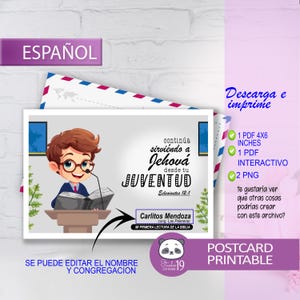 May include: Printable postcard in Spanish with a cartoon boy reading a book. The design includes the words "Jehová" and "Juventud." The postcard also features a panda logo and the text "Postcard Printable." The dimensions are 4x6 inches.