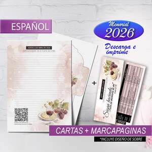 May include: A set of printed cards and bookmarks with a religious theme. The cards and bookmarks feature images of grapes, wine glasses, and text in Spanish. The text includes "Memorial 2026" and "Descarga e imprime".