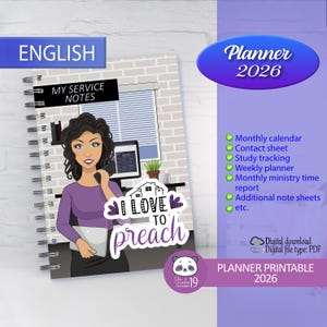 May include: A spiral-bound planner with a cartoon illustration of a woman in a purple shirt. The planner includes the text "My Service Notes" and "I Love to Preach." Additional text includes "Planner 2026" and a list of features.