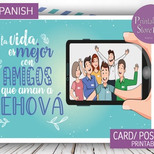 Postal JW en español; "amigos que aman a Jehová". Incluye PDF interactivo