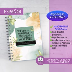 Puede incluir: Cuaderno de espiral con diseño floral y el texto "TIENEN que ADORARLO con espíritu y con VERDAD." Incluye marcadores adicionales, hoja de datos personales, hoja de contacto y espacio para notas de asamblea. El cuaderno es para la Asamblea 2025-2026.