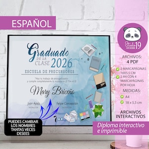Digital printable diploma for Pioneer School graduation featuring blue watercolor background, Bible and study illustrations, spiritual text, and editable instructor fields for Jehovah’s Witnesses.