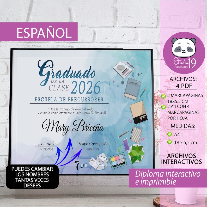 Digital printable diploma for Pioneer School graduation featuring blue watercolor background, Bible and study illustrations, spiritual text, and editable instructor fields for Jehovah’s Witnesses.